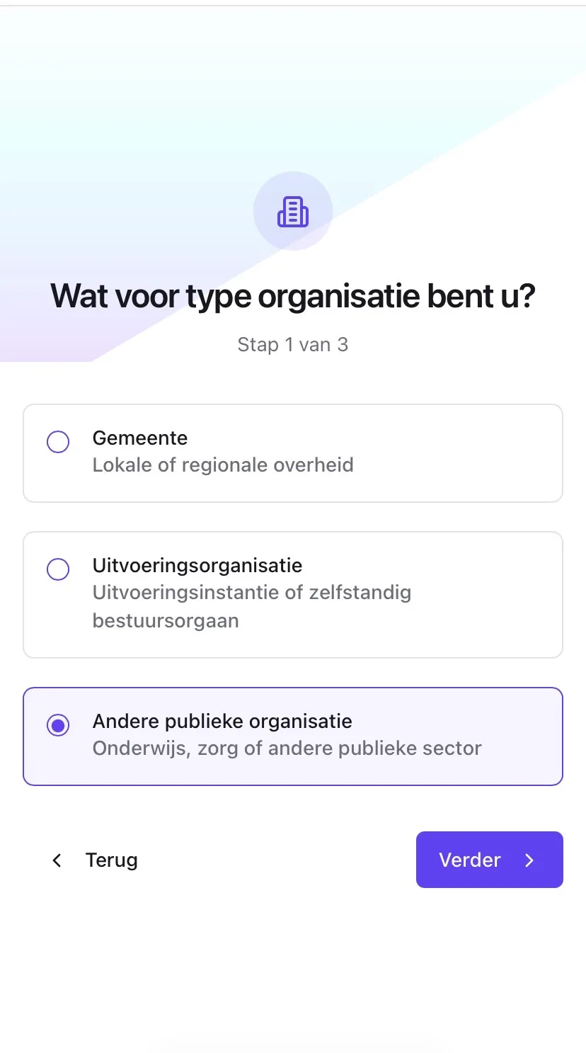 Onboarding: kies wat voor type organisatie je bent