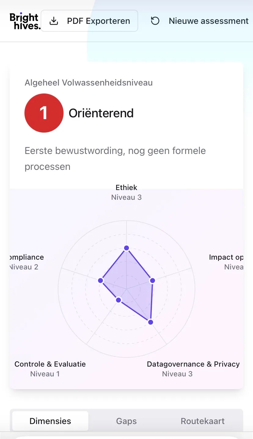 Resultaat met volwassenheidsniveau en radar per dimensie